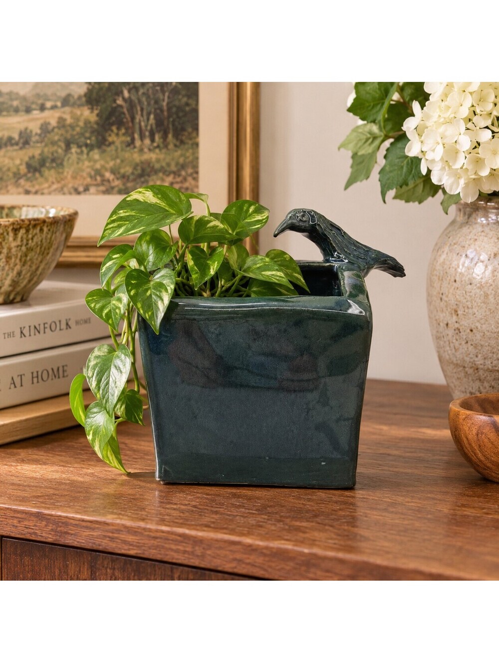 Vintage Studio Pottery Dark Green Sculptural Bird Planter Handmade Ceramic